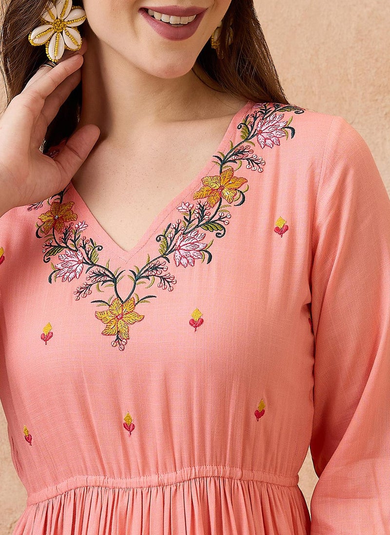 Globus Women V-Neck Floral Embroidered Yoke Fit And Flare Tiered Maxi Fusion Dress - Image 5